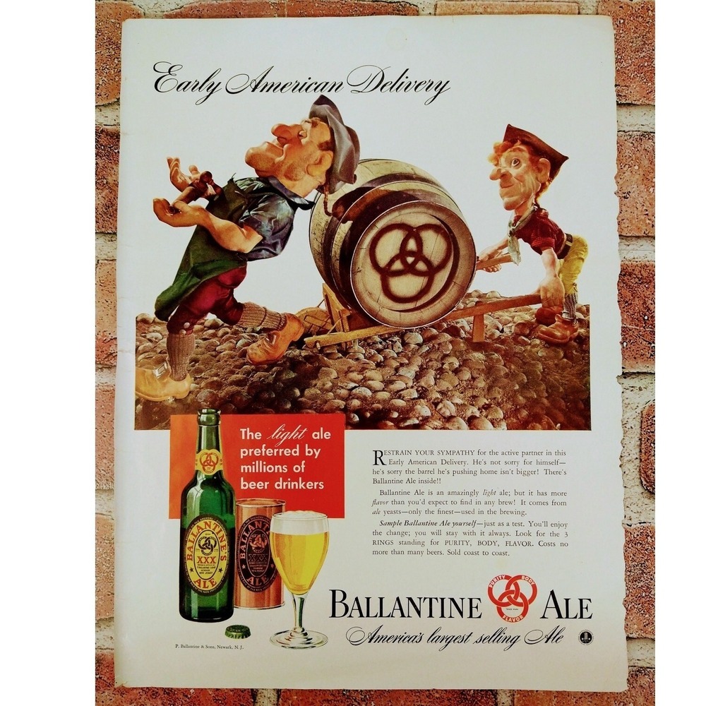 1941 Ballantine Ale Beer Barrel on Wheelbarrow Original Vtg PRINT AD 10x14